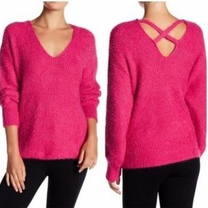 Woven Heart Fuzzy V-Neck Crossback Sweater Size XS